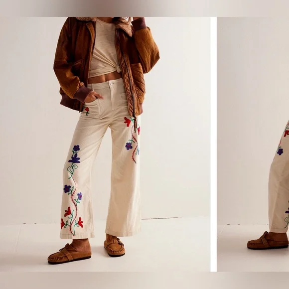 Free People Cream Embroidered Flare Jeans